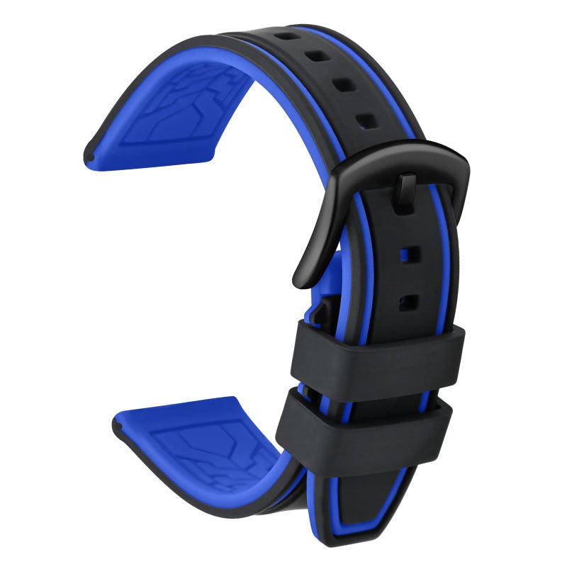 ULLCHRO Silicone Watch Strap Replacement Rubber Watch Band Waterproof Bicolor Men Women - 20, 22, 24, 26mm Watch Bracelet with Brushed Stainless Steel Buckle Black (26mm, black & blue) - Image 1